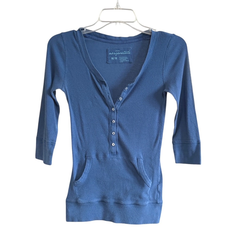 Aeropostale Womens Blue Ribbed Henley Top 3/4 Sleeve Kangaroo Pocket Sz M Y2K